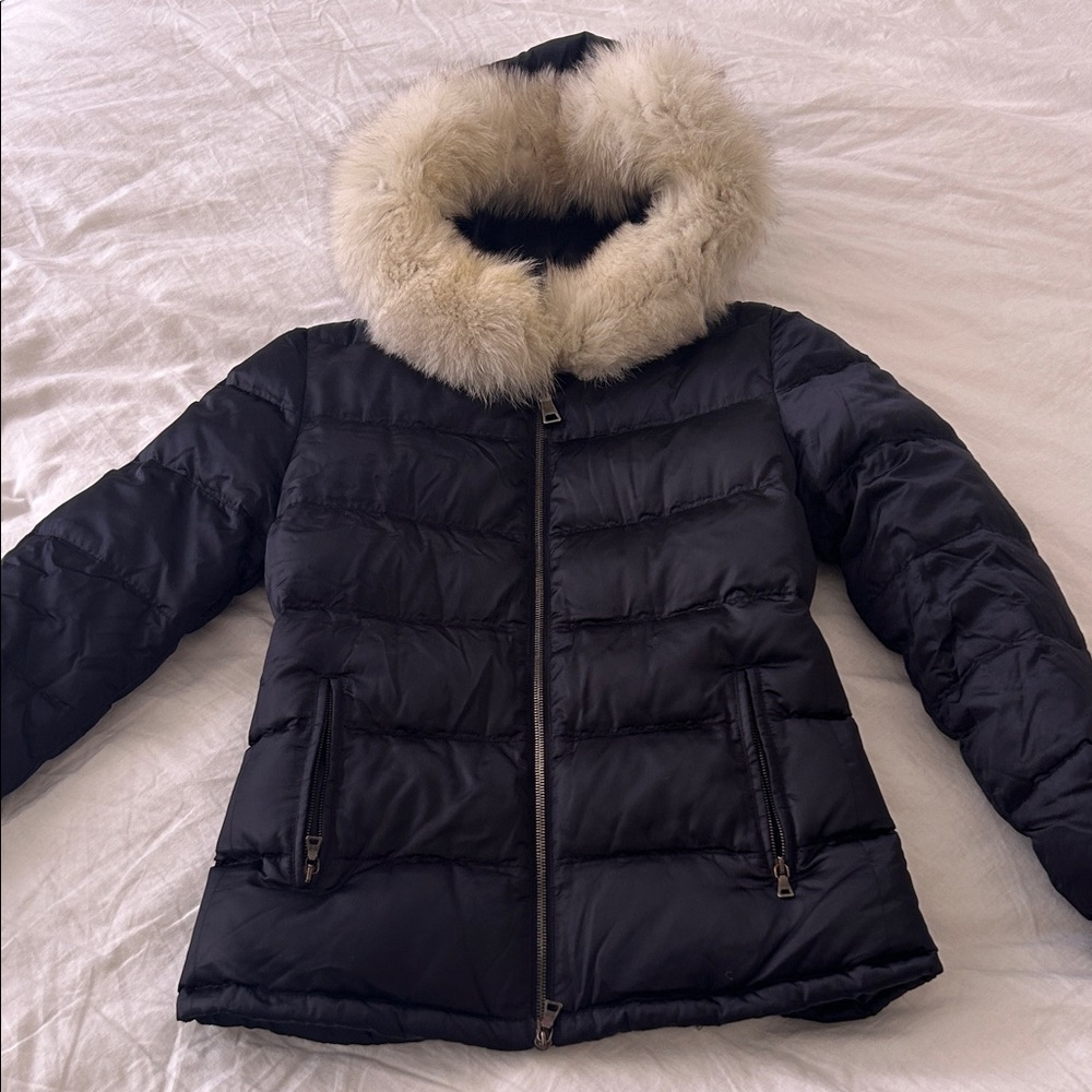 Women's Navy Puffer Jacket with Fur Trim